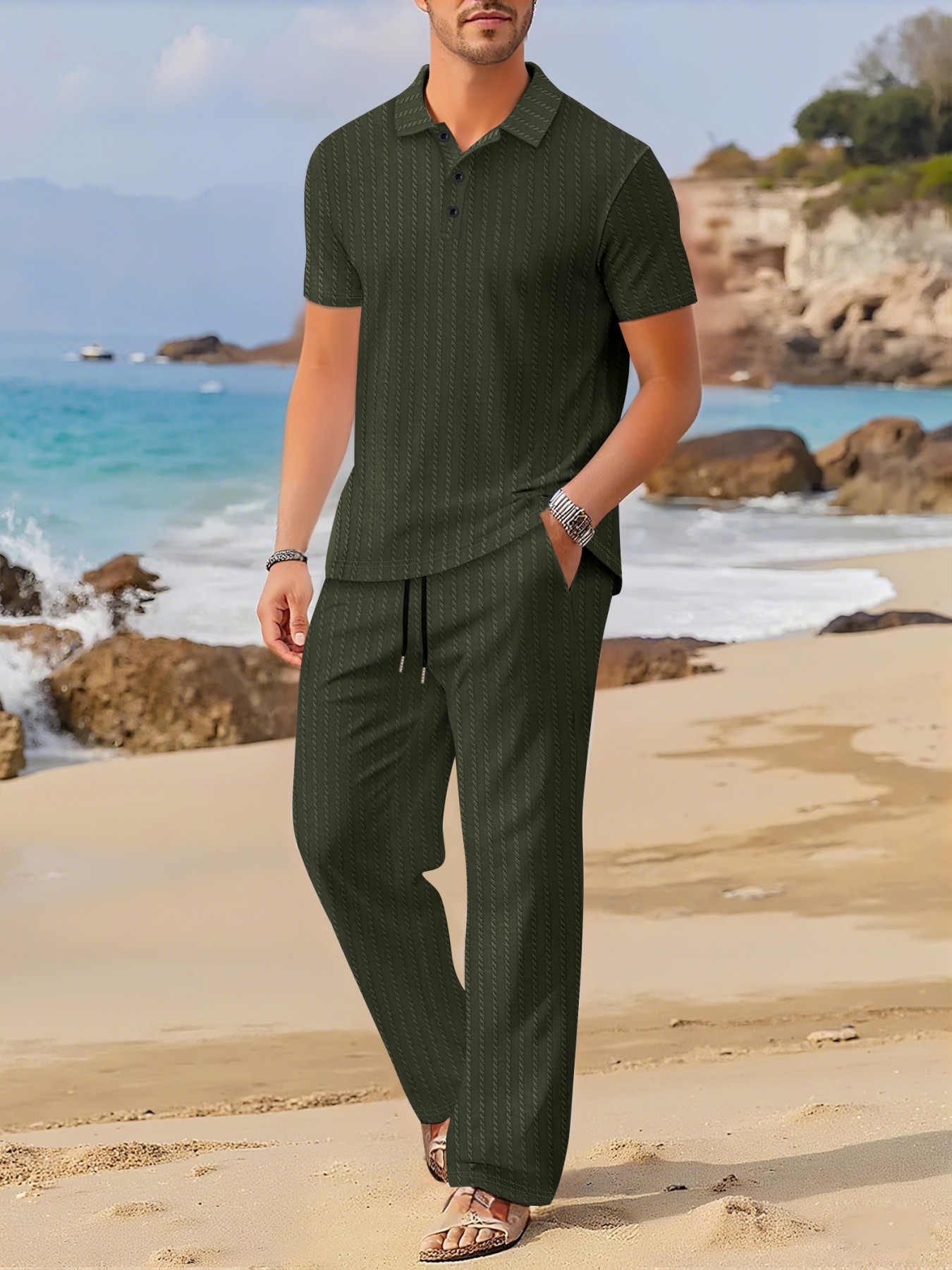 Summer Clothing For A Beach - Summer New Flip-Collar Short-Sleeve Long-Pants Set